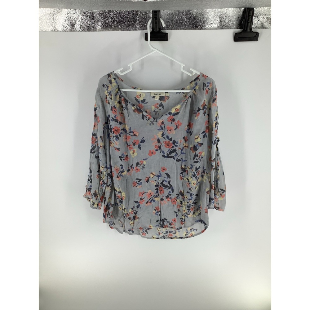 Como Blu Womens XL Blue Gray Floral V-Neck Blouse 3/4 Ladder Cutout Sleeve Top